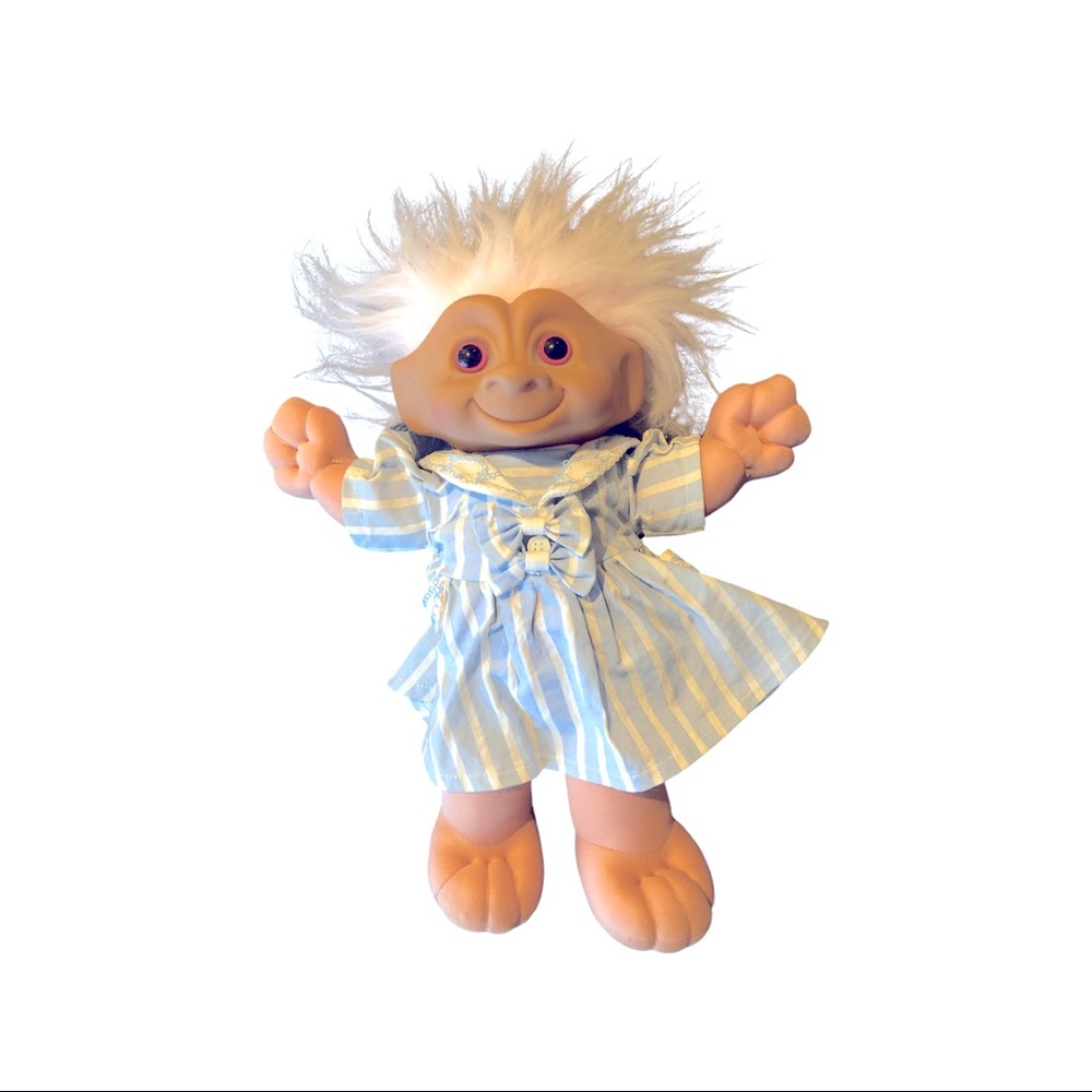 90’s Treasure Troll Plush 12” Doll. Pink hair, blue dress, excellent condition.
